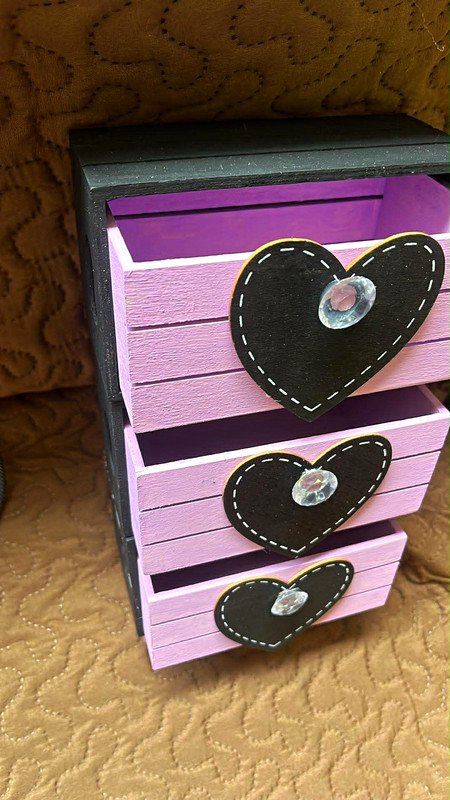 Handmade Pink Wood 3-Drawer  Storage Box Organizer, Black Heart Pulls