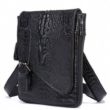 Black Men s Crocodile Leather Flap Crossbody Shoulder Bag