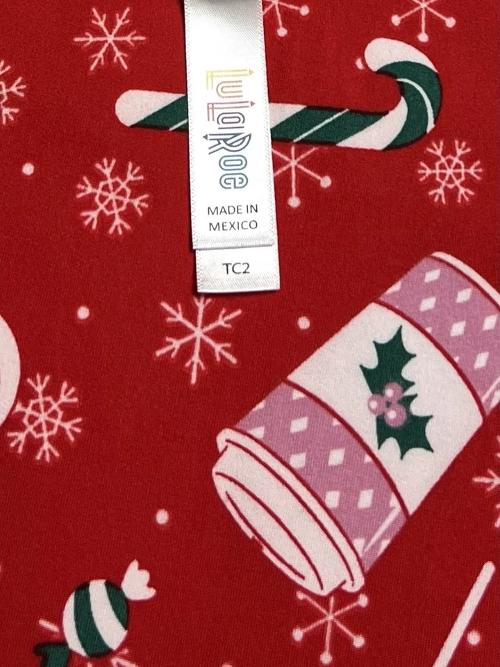 Leggings LuLaRoe TC2 Alto Curvilíneo 2 Navidad CAFÉ Latte Copo de Nieve Chocolate Caliente Foto 4 de 4