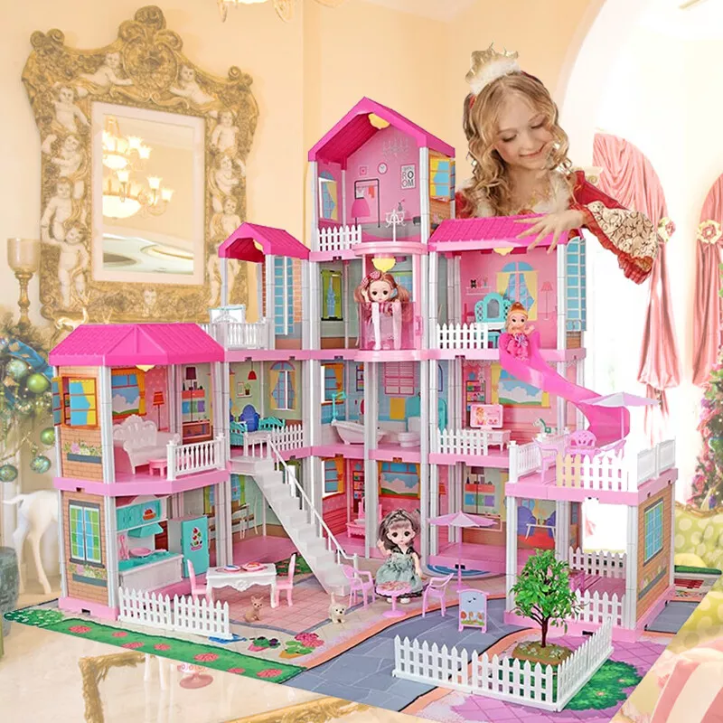 Doll House Dream House Furniture Pink Girl Toys with 3 Dolls Toy Figures  Slide