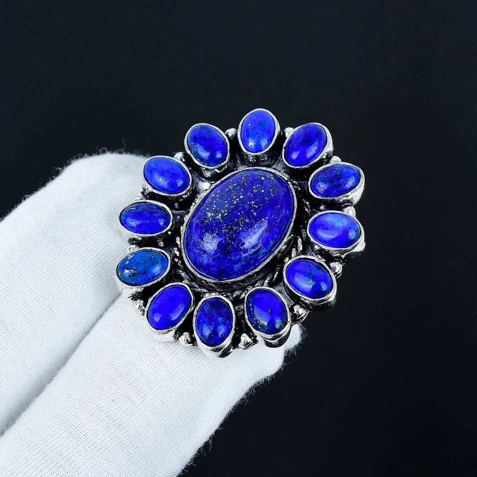 Naturale Lapislazzuli Gemma Anello a Fiore Fatto Mano 925 Argento Sterling Gioie - Immagine 3 di 4