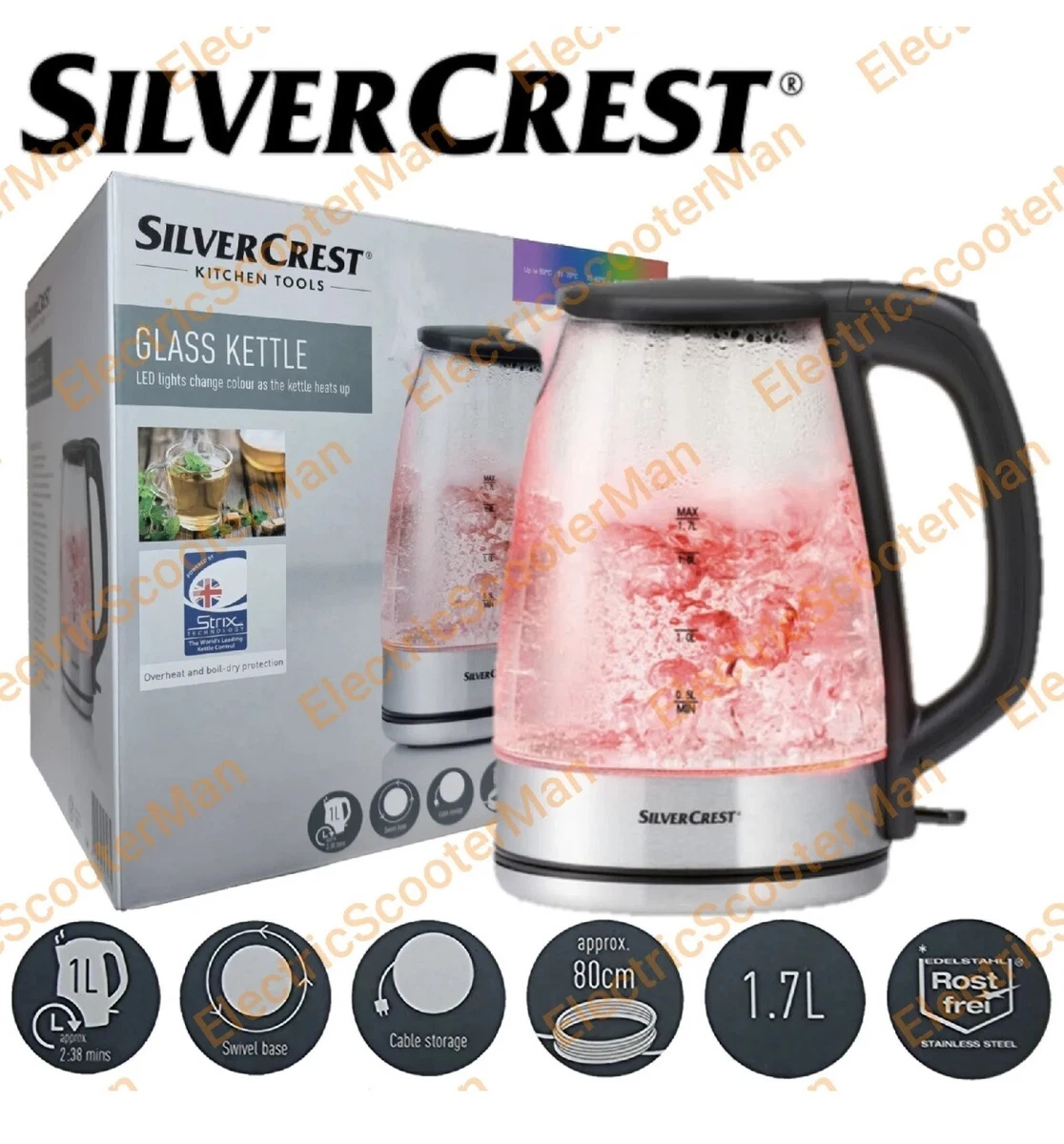 Silver Crest Glass Kettle LED s change colour 1.7 Litre BLACK