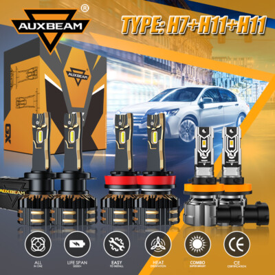 AUXBEAM H7+H11+H11 LED Headlight High+Low+Fog Bulbs Combo 6500K Bright Lamps 6X