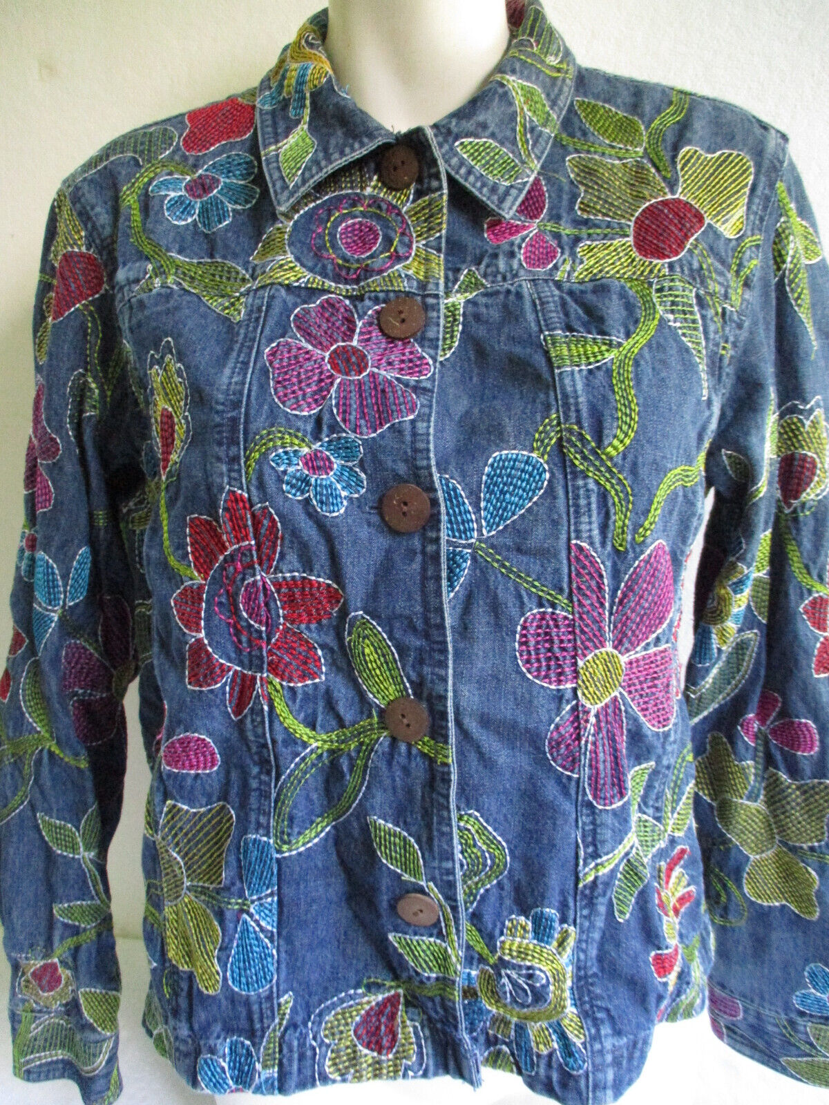 Coldwater Creek Cotton Denim Jacket w/ Colorful F… - image 2