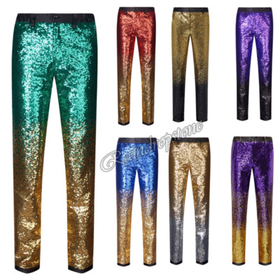 Shiny Sequin Trousers Men Disco Nightclub Stage Prom Gradient Pants DJ Costume