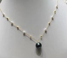 18" AAA+ 5-6mm Natural Akoya White Pearl Necklace + Black Pendant 14k Gold P