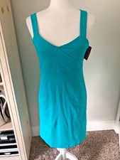 M Aqua Turquoise Blue Bodycon Knit SUN DRESS Empire Flat Strap SHEATH V Neck