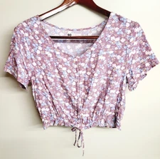 SO Good For Life Women's Floral Top Blouse Short Sleeve Lilac Pink Blue  Sz L