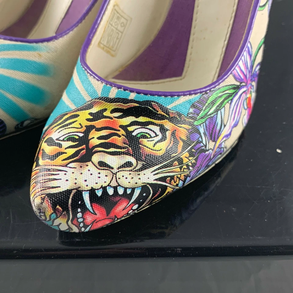 ED HARDY GRAPHIC TIGER FLORAL LOVE WOMEN'S METAL HIGH HEEL SIZE 5 - WORN / USED - Image 2 of 4