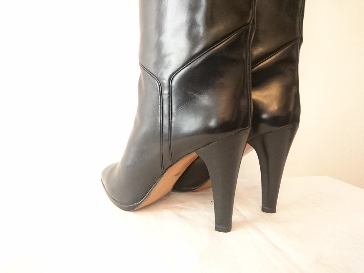 Bottes Vintage I.BOSSI Noir - Taille 37 - Cuir Véritable - Talon Fin >7 Cm - Style Genou - Fabriqué En Italie