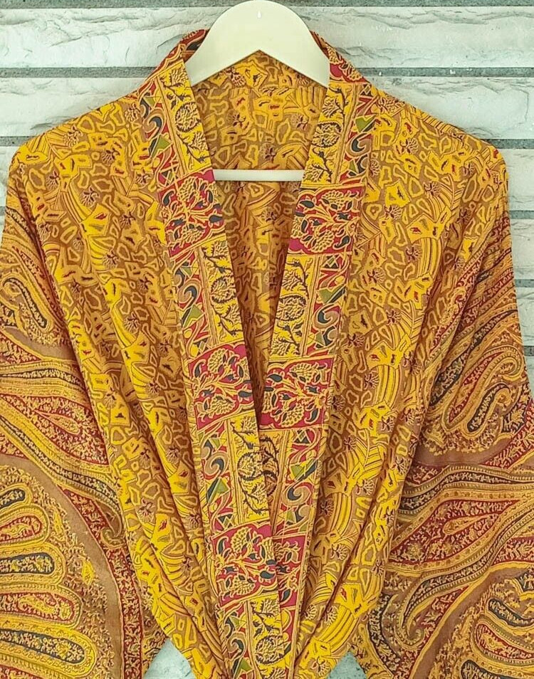 Pura Seda Amarillo Kimono Largo Vestido Traje Mujer Bata Noche KMO4214