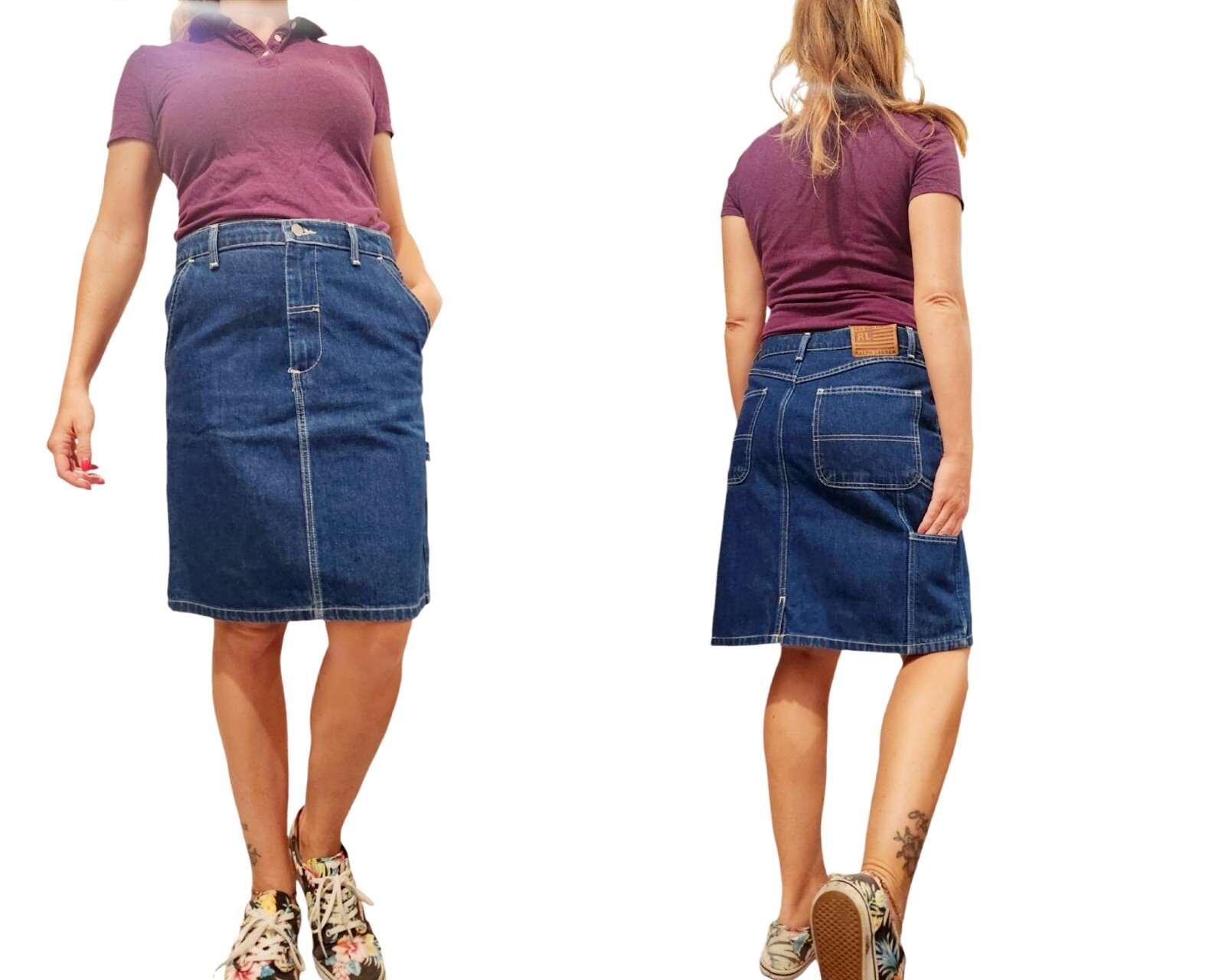 Polo Jeans Ralph Lauren Carpenter Skirt Sz 8 Blue Cotton Y2k Pockets Denim Logo