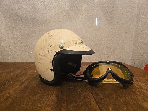 Mchal Motorcycle Helmet 1950s. White Bouton Goggles.