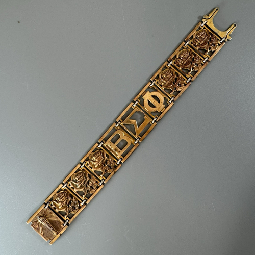 Vintage Beta Sigma Phi Sorority Bracelet Rose Torch Panels Gold-tone Silver - Picture 2 of 12