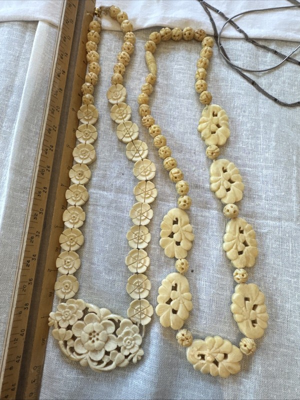 Two (2)  Lot Vintage Floral Carved Graduated Necklace, Cream Color
