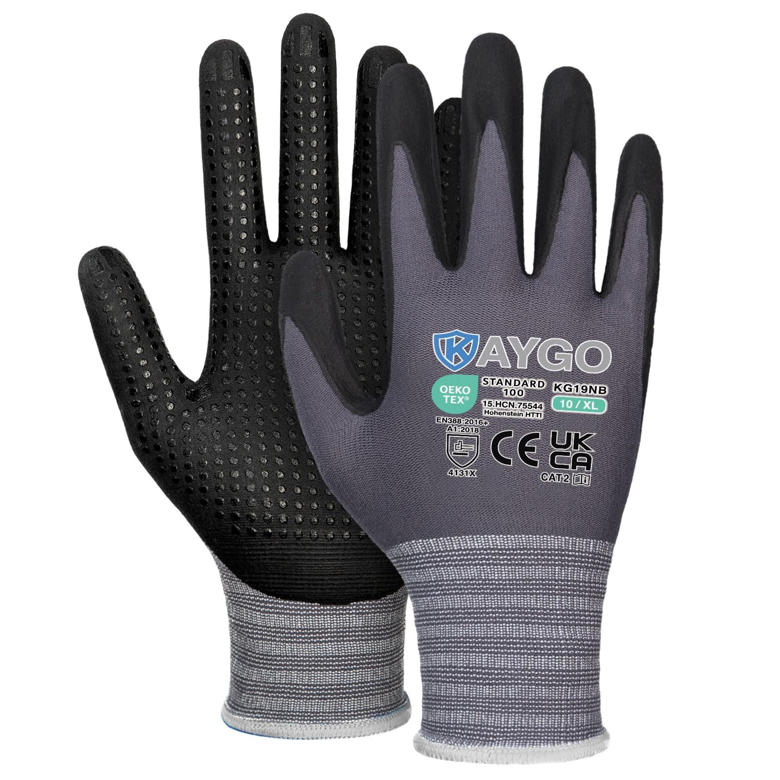 KAYGO Work Gloves with Grip Dots on Palm for Anti-Slip 3 Pairs, KG19N, MicroFoam