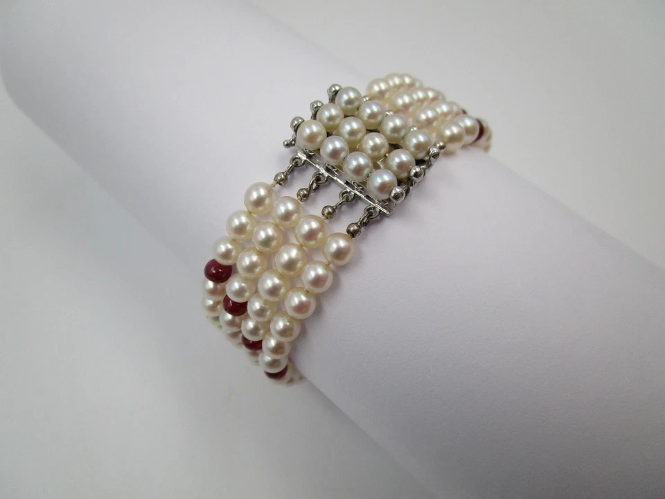 18cm 4 filas JKa Akoya perlas pulsera rubí 585 oro joyería 14K or oro perla - Imagen 2 de 4