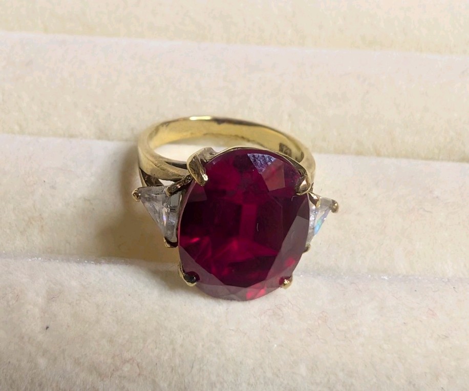925 Gold Overlay Ruby Ring Size 7 Large Oval Appr… - image 1