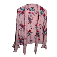 Shinestar Blouse Women's Medium Pink Floral V-Neck Tie Career Shirt Top Boho