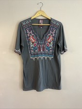 Johnny Was LA Mina Boho Grey Multicolor Embroidered Easy Top Sz M