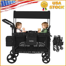 Folding Stroller Wagon for 2 Kids with Snack Tray, Removable Canopy  4 Wheels
