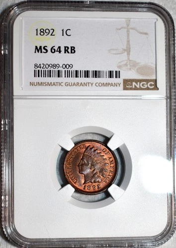 NGC MS-64 RB 1892 Indian Head Cent, Lightly Toned, Red-Brown specimen.