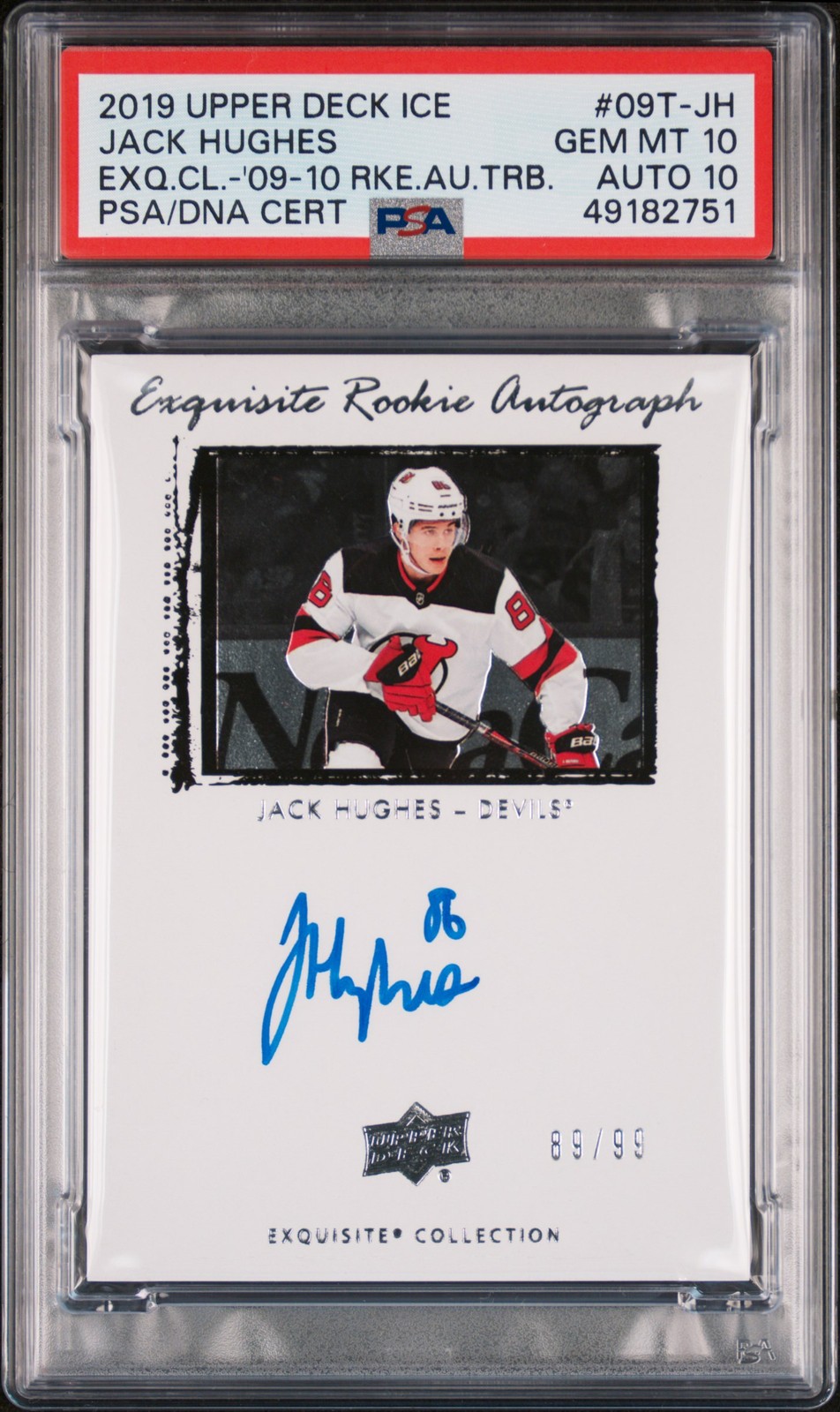 2019 Upper Deck Exquisite Collection Rookie Auto Tribute Jack Hughes #/99 PSA 10