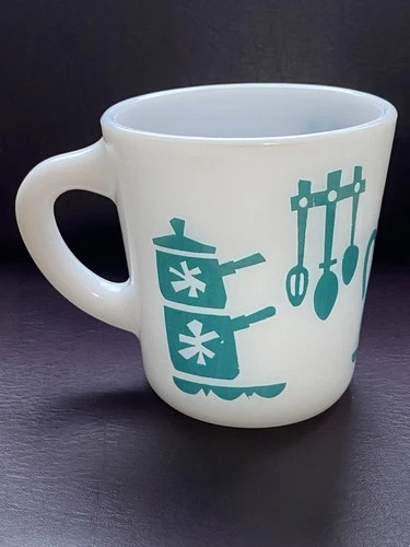 Hazel Atlas Kitchen Aids Vintage Milk Glass Cup Mug Turquoise Aqua Marked  C-9