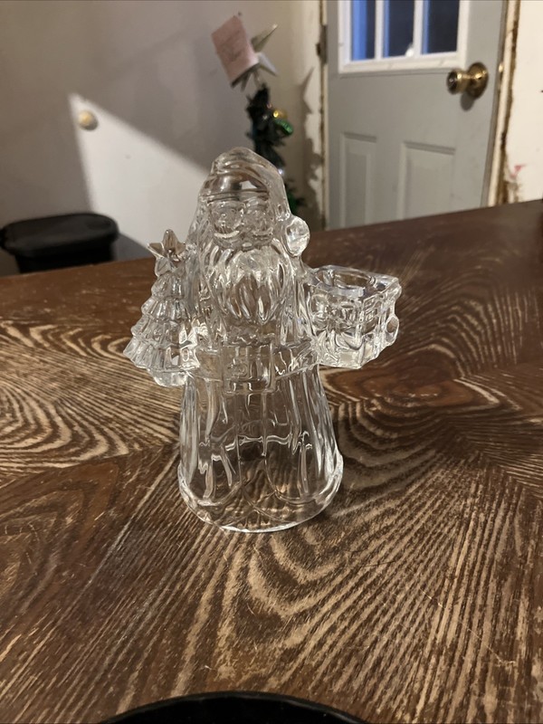Vtg 24% Lead Crystal Santa Claus 7.5" Tabletop Tapered Candle Holder. USA. Heavy