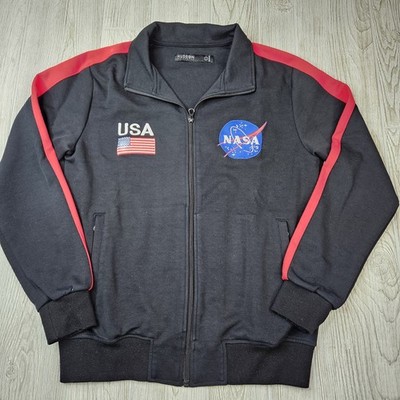 NASA Jacket Mens Large Black Red Track Full Zip USA Flag Hudson Outerwear