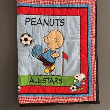 VTG Handmade Peanuts Crib Quilt Red Soccer Snoopy Charlie Brown Baseball Plaid