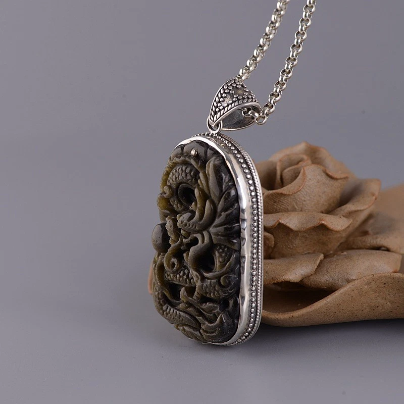 Colgante dragón obsidiana tallado en plata S925 amuleto de protección de piedras preciosas míticas Foto 2 de 4