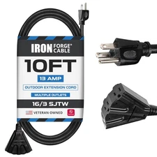 10 Ft Outdoor Extension Cord with 3 Electrical Power Outlets Durable Black Cable