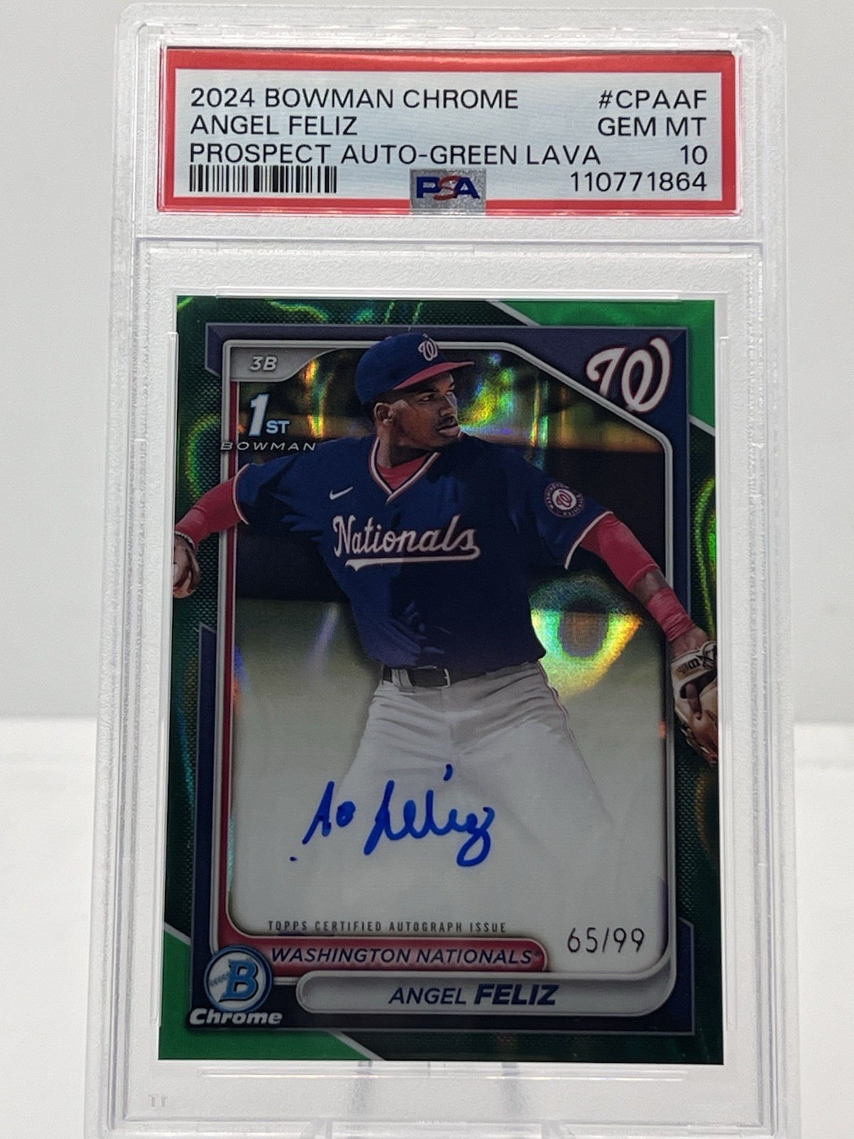 2024 Bowman Chrome Angel Feliz 1st Auto #65/99 Green Lava Refractor PSA 10 Nats