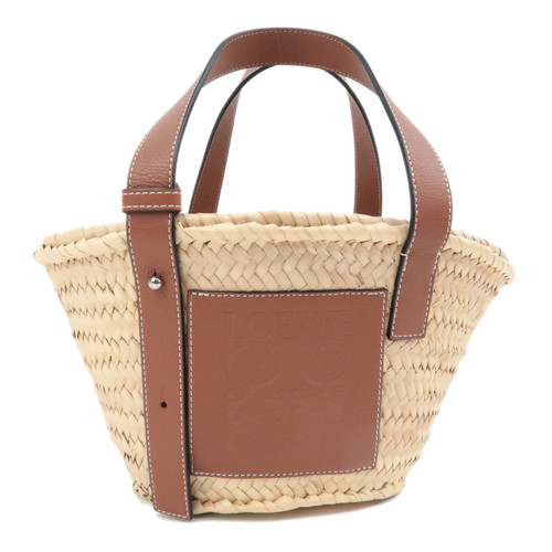 LOEWE Raffia Basket Bag Small Tan Beige Silver HDW Authentic