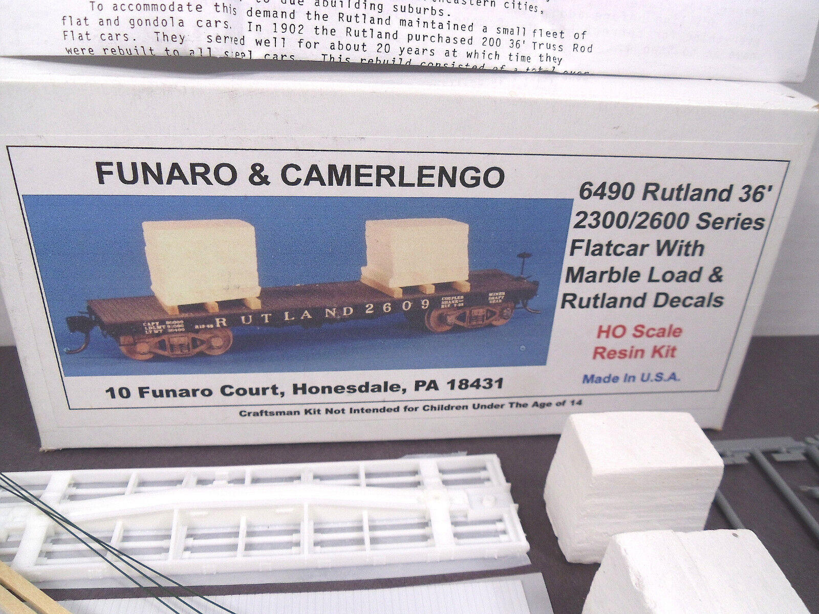 Funaro & Camerlengo HO Scale Rutland Railroad 35' Flat Car w/Marble Load Kit NIB