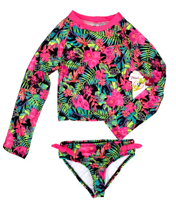 PENELOPE MACK Girl's 2 Pc Rash Guard Swimsuit Set Long Sleeve Size 12 Flowers
