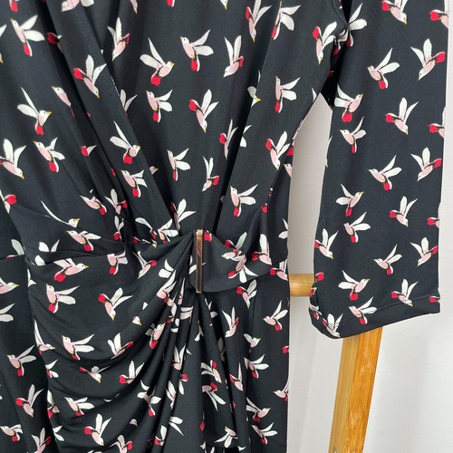 Jacqui-E Wrap Dress Womens Medium Black Dove Bird Print 3/4 Sleeve Knee Length - Picture 5 of 11