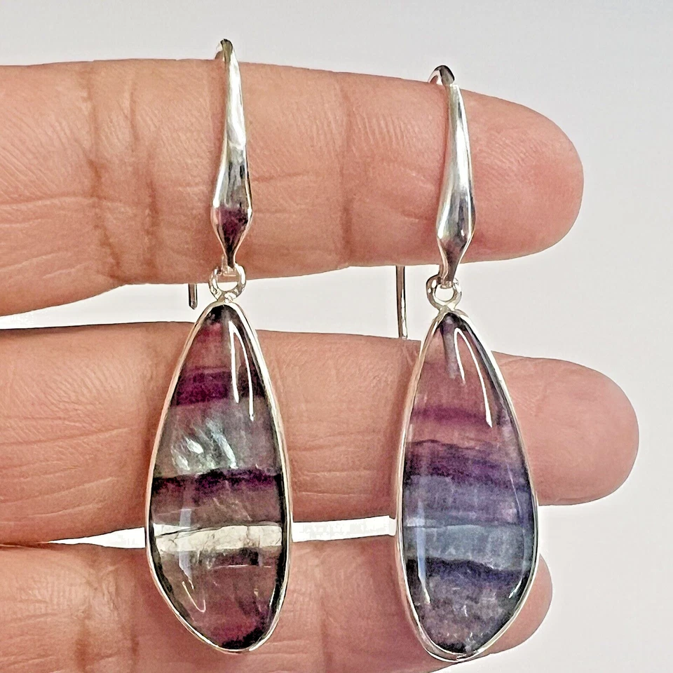 Pendientes colgantes de plata de ley 925 con cristal fluorita púrpura arco iris fluorescente Foto 3 de 4