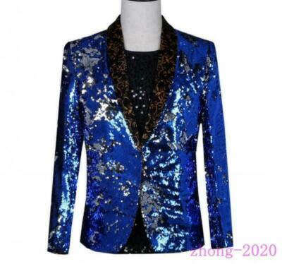 Men Sequins Performance Suit Party Blazer Clubwear Bar Slim Fit