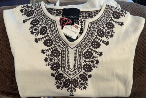 Cynthia Rowley Womens Knit Cotton Sweater Sz M Ivory/Bone w/ Brown Embroid. NWT