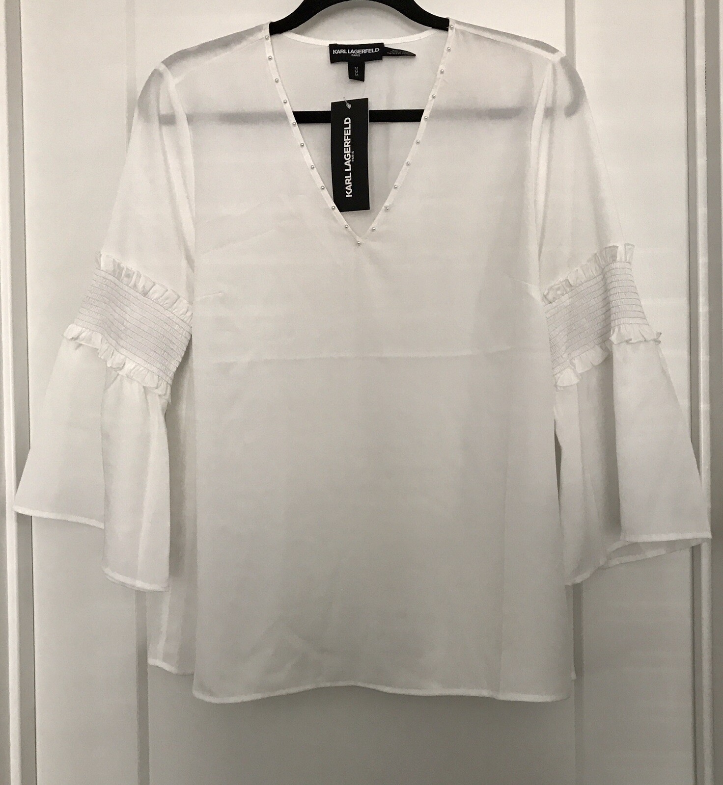 Karl Lagerfeld Women’s White Sheer Top, Pearl Accent Around Neck,Medium