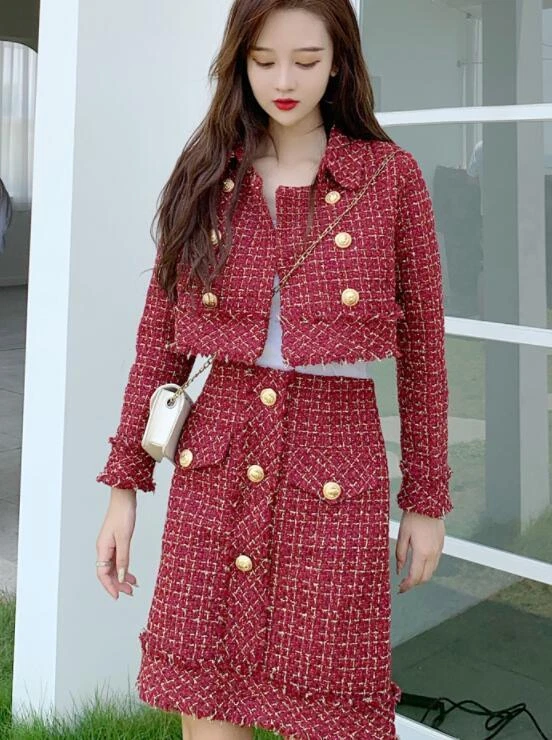 Pink Tweed Coat Women's Two Piece Sets Sweet Double-breasted Short Jacket  and High Waist Mini Skirt Suits Plaid Matching Sets