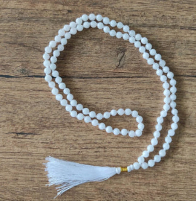 WHITE AGATE HAKIK STONE MALA FOR CHANDRA MALA ROSARY 6 MM
