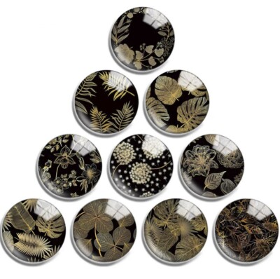 10 verschiedene 10|12|14 mm Glas Cabochons Muster schwarz gold floral Federn