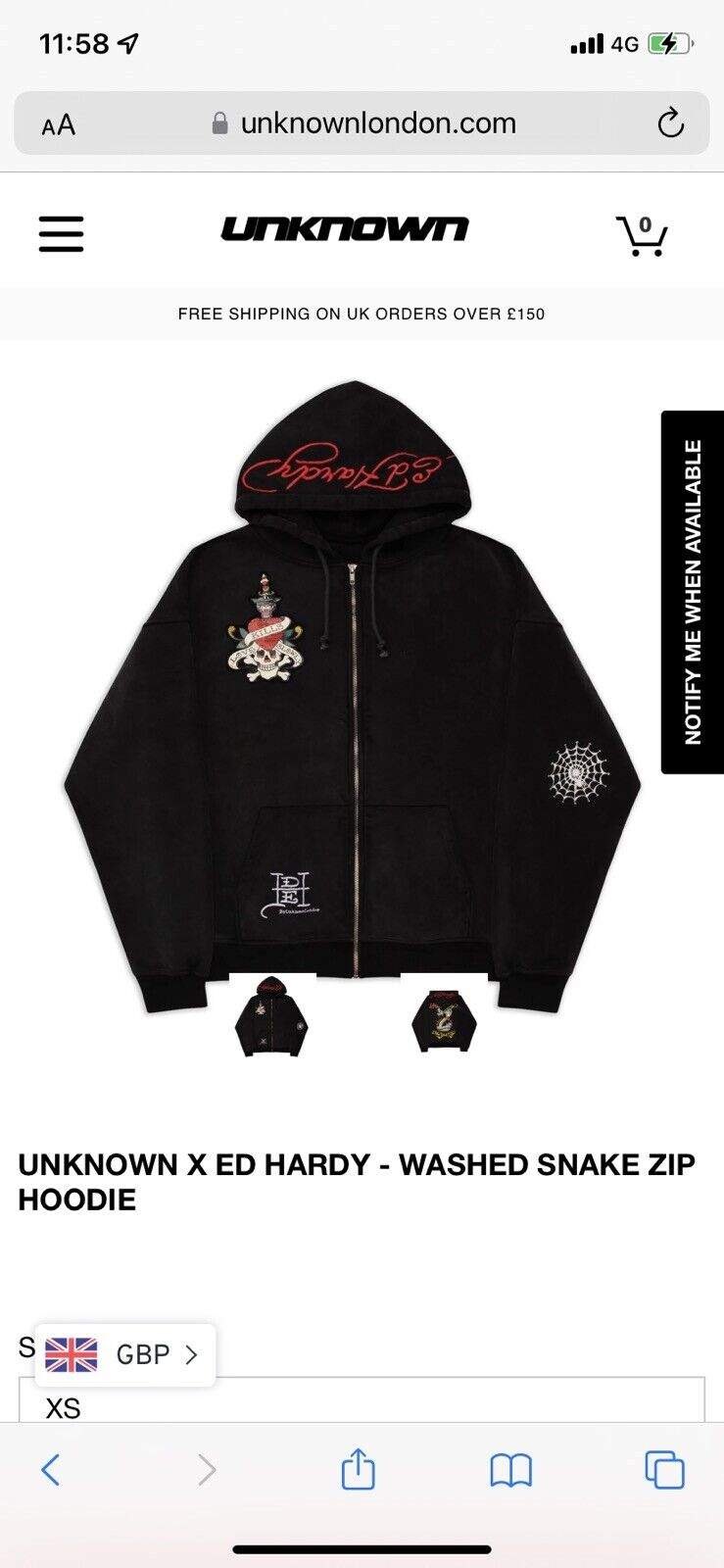 Unknown London x Ed hardy Washed Snake Zip Hoodie L - Brand New Tags  Attached