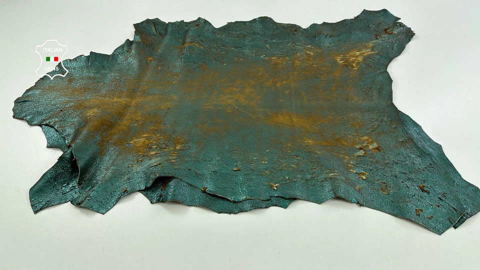METALLIC TEAL GREEN CRACKED Thick Soft Lamb Leather 2 skins 12+sqf 1.5mm #C4498 - Image 2 of 4
