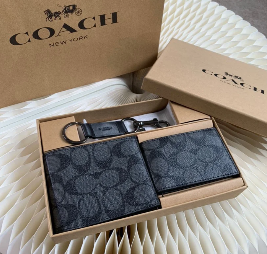 COACH MEN'S 3 IN 1 WALLET BOXED GIFT SET IN SIGNATURE CANVAS BLACK/BLACK/OXBLOOD