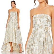 NWT Mac Duggal White Gold Brocade Strapless Golden Floral High Low Gown - Size 8