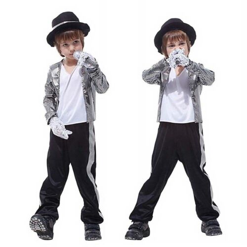 Michael Jackson Costume Fancy Dress Top Trousers Hat Kids Boys Girls Carnival - Foto 1 di 13